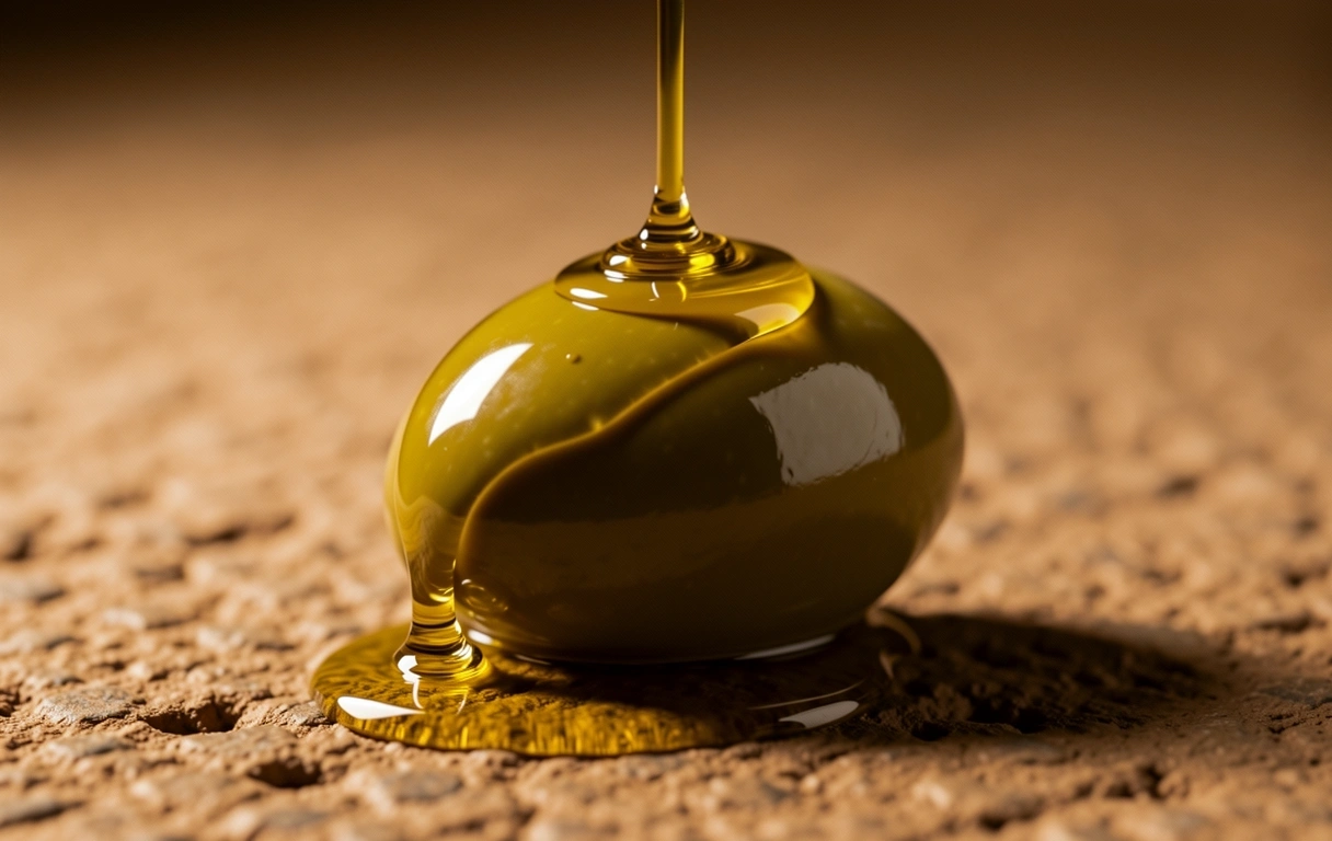 Dettaglio macro di un'oliva e olio