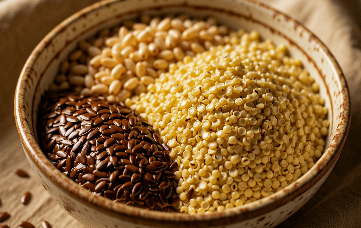 Semi e cereali integrali in ciotole di ceramica